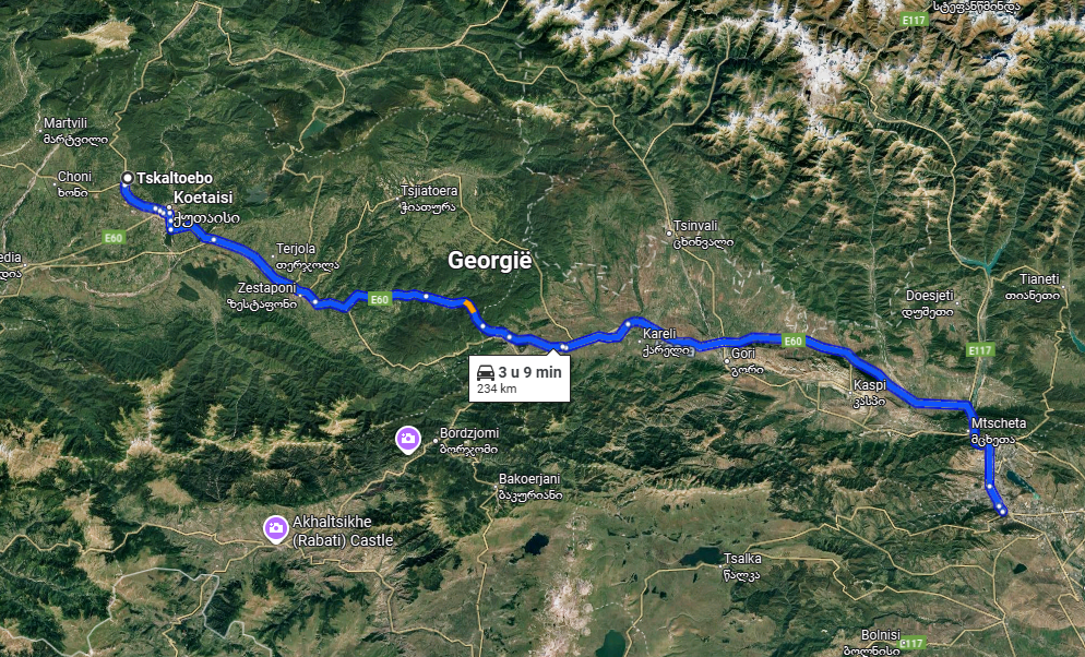 De route van Tskaltubo naar Tbilisi